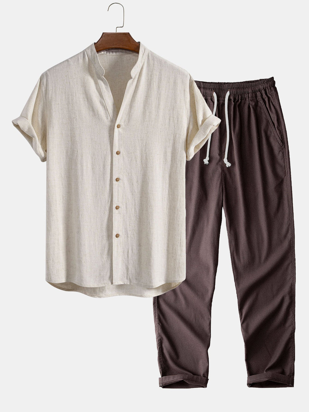 V-hals Linnen Rayon Mix Shirt & Rechte Linnen Broek