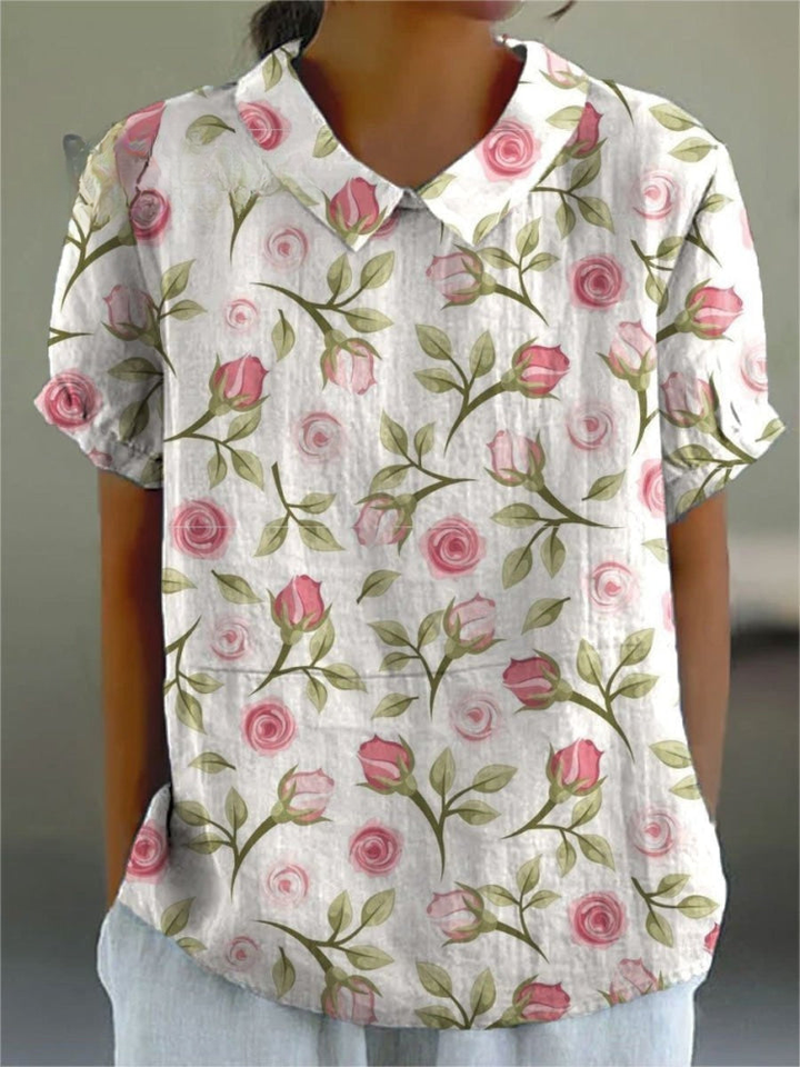 Dames Retro Bloemen Kunstafdruk Casual Katoen En Linnen Shirt