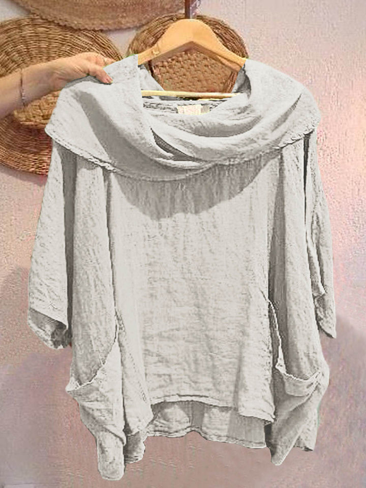 Dames Effen Kleur Gedrapeerde Hals 3/4 Mouw Comfortabele Casual Linnen Zak Top