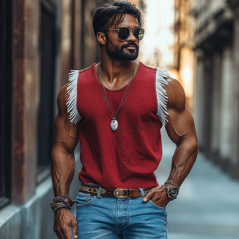 Heren Casual Katoenen Ronde Hals Contrastkleur Franje Losse Tanktop MTA2114E8M