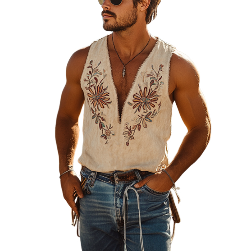 【24-uurs verzending】Heren Lente en Zomer Klassieke Westerse Cowboystijl Dunne Suède Geborduurde Diepe V-hals Tanktop 00494118K