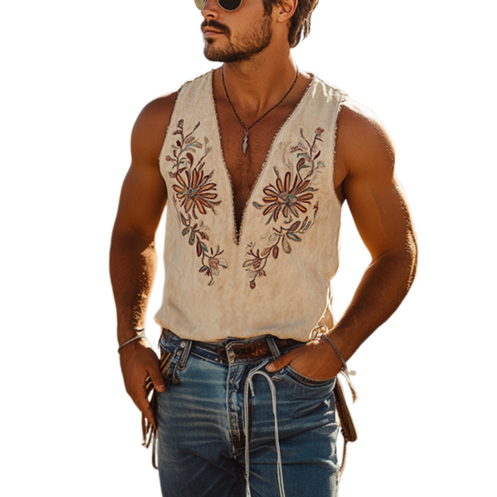 【24-uurs verzending】Heren Lente en Zomer Klassieke Westerse Cowboystijl Dunne Suède Geborduurde Diepe V-hals Tanktop 00494118K