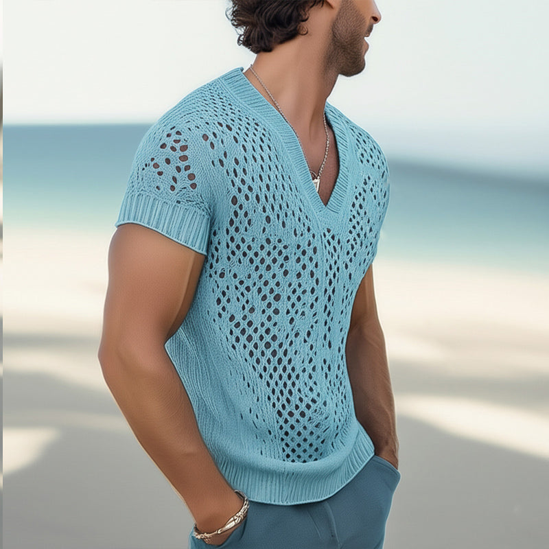 【24-uurs verzending】Heren Zomer Mode V-hals Gebreide Mesh uitgebreid T-shirt 