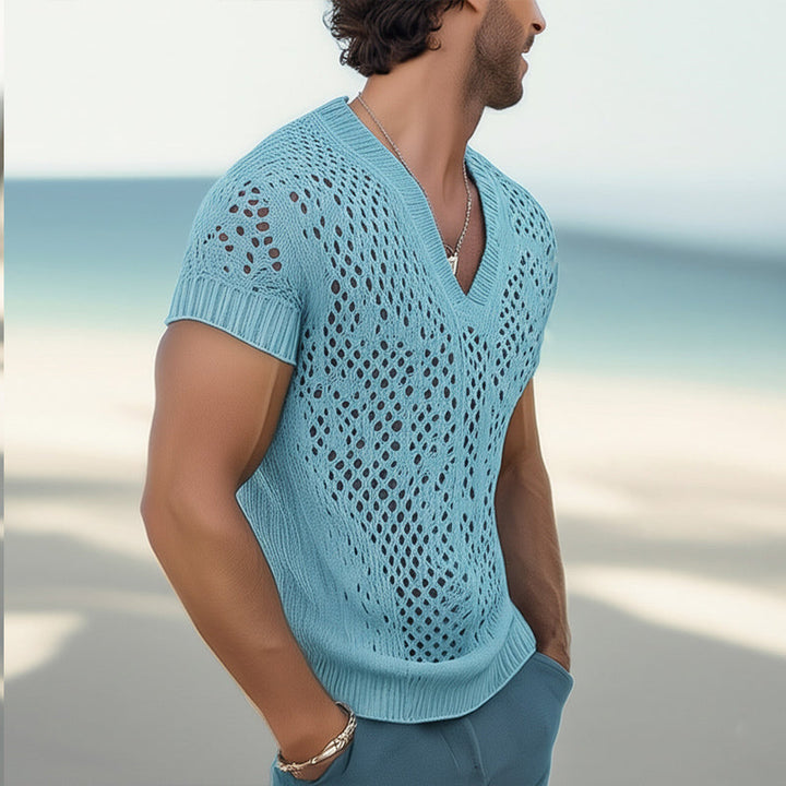 【24-uurs verzending】Heren Zomer Mode V-hals Gebreide Mesh uitgebreid T-shirt 
