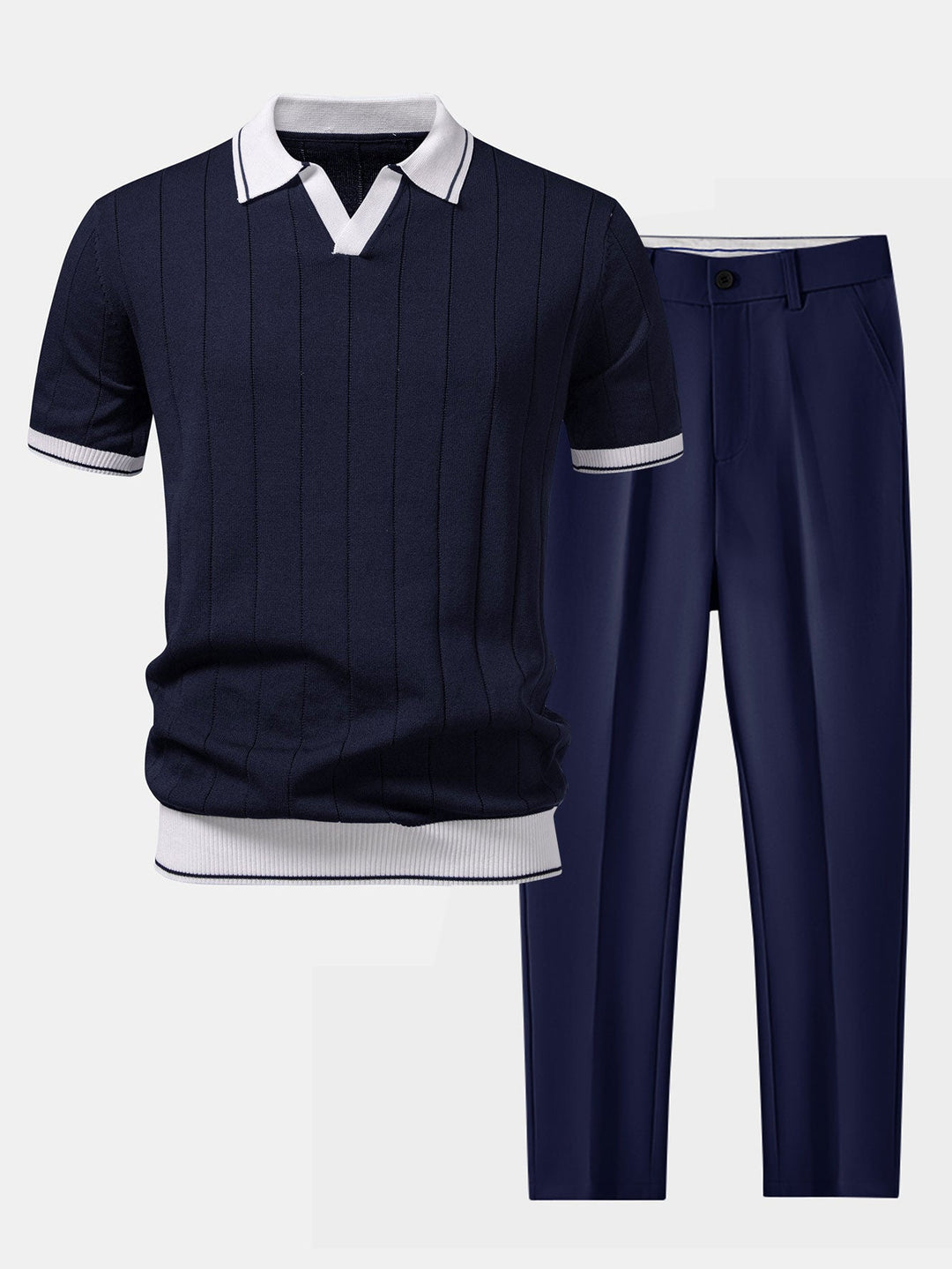 Contrastafwerking Geribbelde Johnny Kraag Tricot Polo & Slim Fit Getaperde Broek