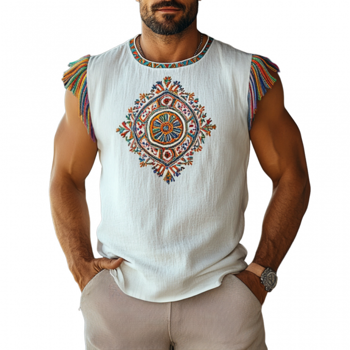 Heren Bohemian Geborduurde Kwast Katoen Linnen Ronde Hals Slim Fit Tanktop MTA2915E4M