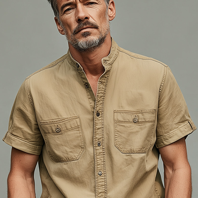 Heren Zomer Casual Katoen Gemengde Gewassen Staande Kraag Korte Mouwen Shirt MTA0220G9K