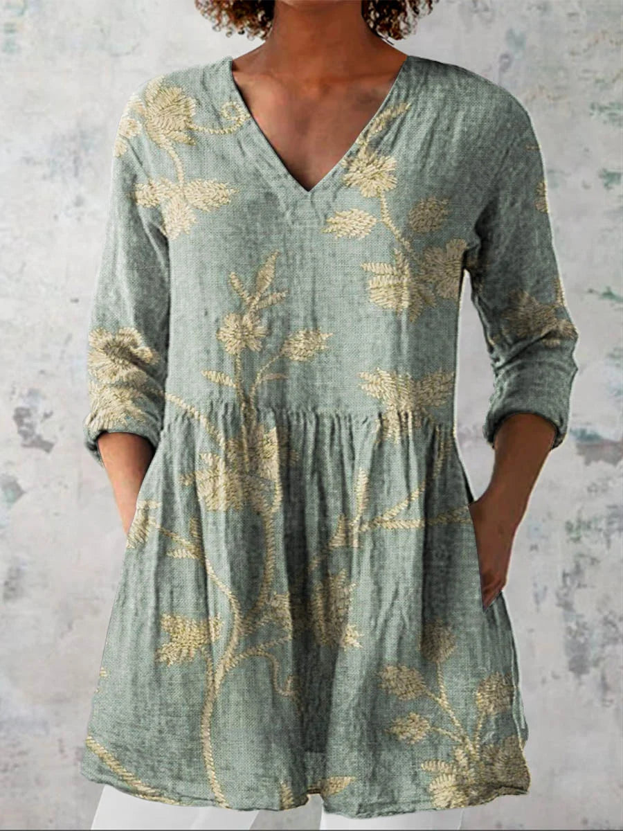 Dames Retro Bloemen Kunstafdruk Casual Katoen En Linnen Shirt