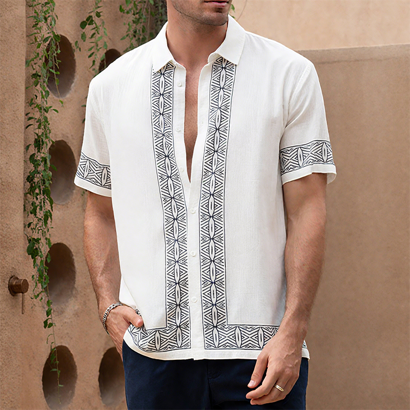 Heren Zomer Casual Katoen En Linnen Gedrukt Kraag Korte Mouwen Shirt MTA0295G2K