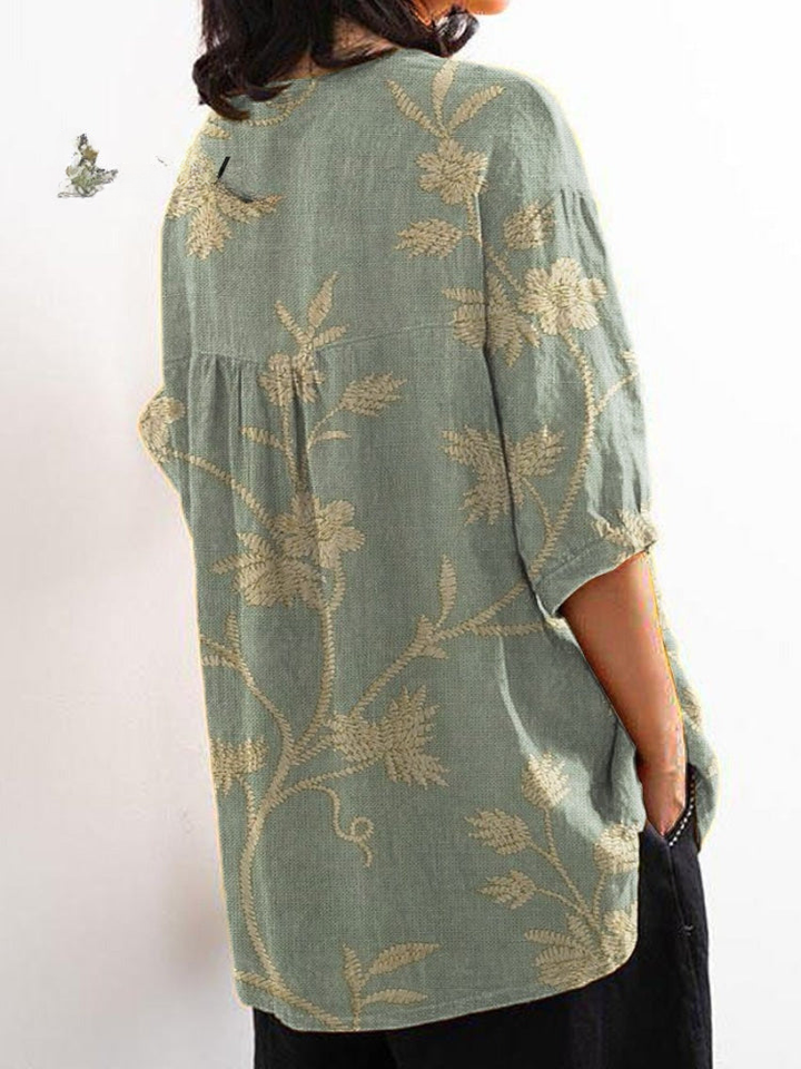 Dames Retro Bloemen Kunstafdruk Casual Katoen En Linnen Shirt