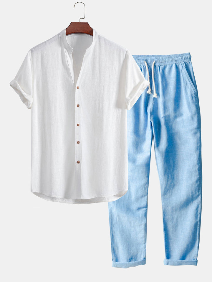 V-hals Linnen Rayon Mix Shirt & Rechte Linnen Broek