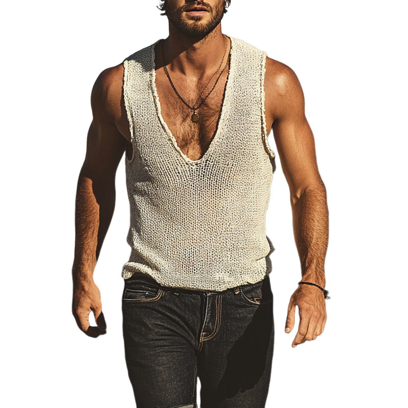 Heren Effen Kleur Ronde Hals Gebreide Losse Tanktops MTA2903E8X
