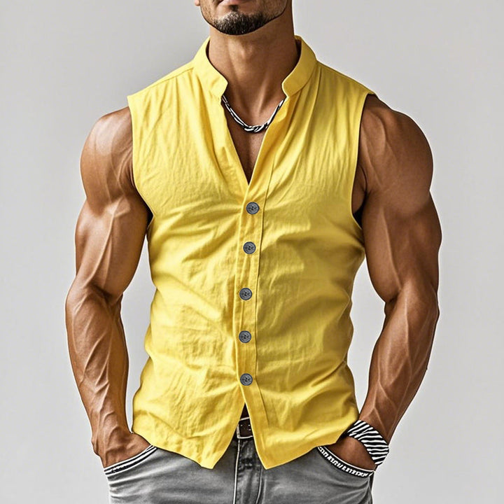 【24-uurs verzending】 Heren Casual Comfort Katoen Staande Kraag Enkelvoudige Knopen Mouwloos Shirt MTA0203D3M