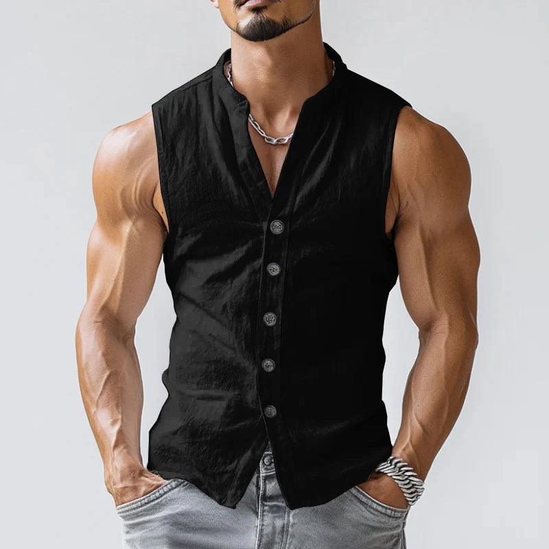 【24-uurs verzending】 Heren Casual Comfort Katoen Staande Kraag Enkelvoudige Knopen Mouwloos Shirt MTA0203D3M