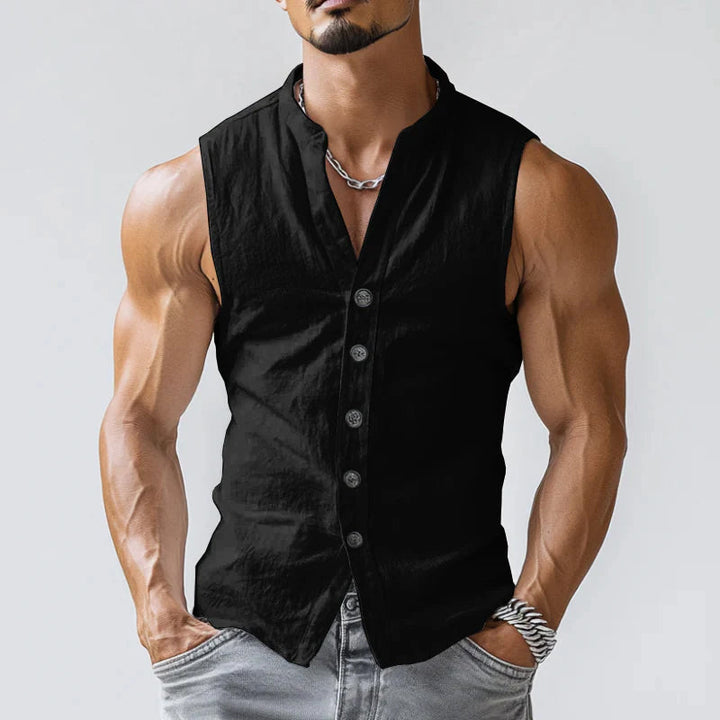 【24-uurs verzending】 Heren Casual Comfort Katoen Staande Kraag Enkelvoudige Knopen Mouwloos Shirt MTA0203D3M
