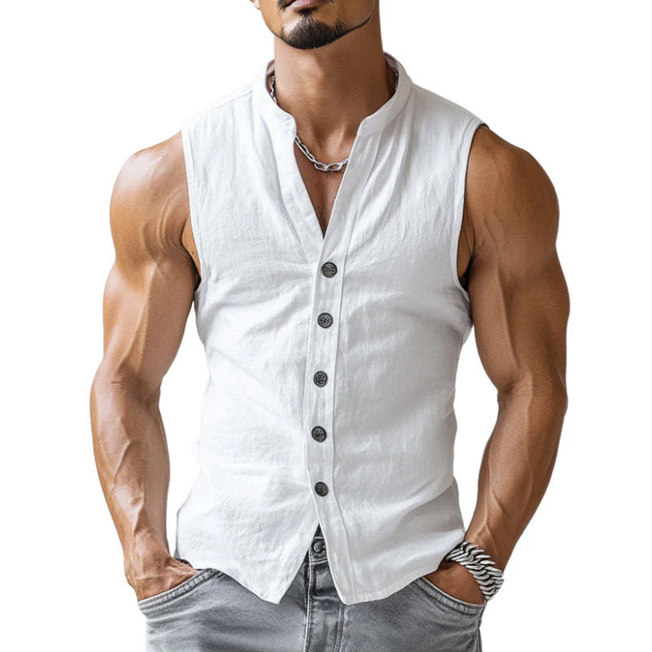【24-uurs verzending】 Heren Casual Comfort Katoen Staande Kraag Enkelvoudige Knopen Mouwloos Shirt MTA0203D3M
