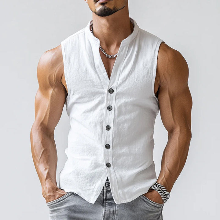 【24-uurs verzending】 Heren Casual Comfort Katoen Staande Kraag Enkelvoudige Knopen Mouwloos Shirt MTA0203D3M