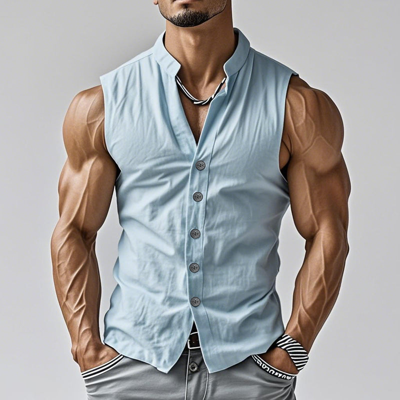 【24-uurs verzending】 Heren Casual Comfort Katoen Staande Kraag Enkelvoudige Knopen Mouwloos Shirt MTA0203D3M