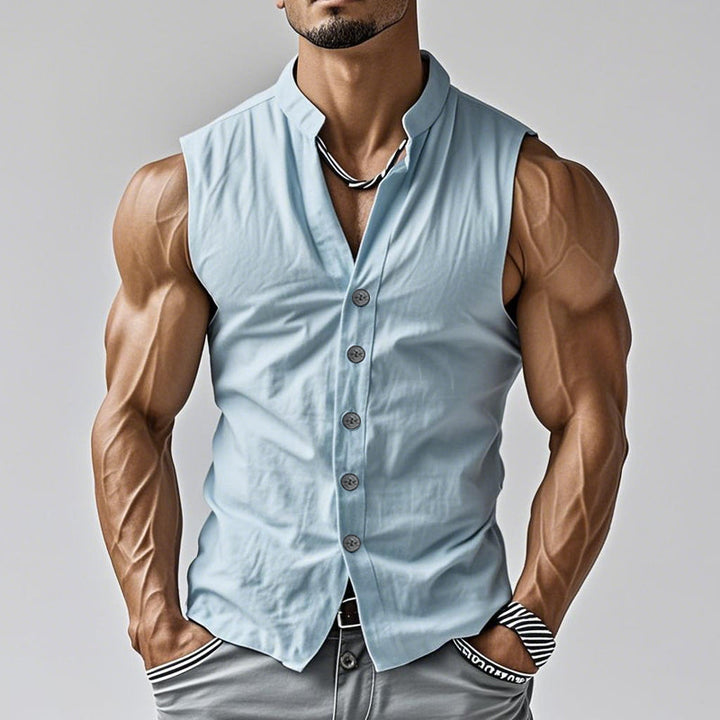 【24-uurs verzending】 Heren Casual Comfort Katoen Staande Kraag Enkelvoudige Knopen Mouwloos Shirt MTA0203D3M