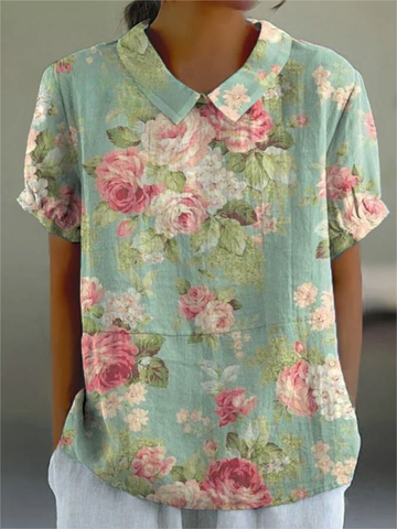 Dames Retro Bloemen Kunstafdruk Casual Katoenen en Linnen Shirt