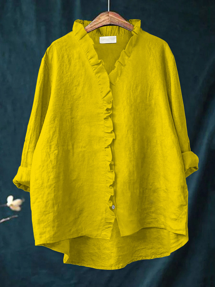 Dames Casual Katoenen En Linnen Ruffle Shirt