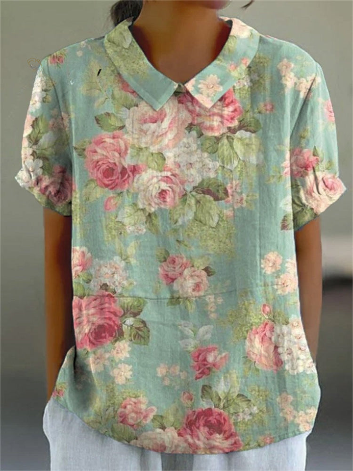 Dames Retro Bloemen Kunstafdruk Casual Katoen En Linnen Shirt