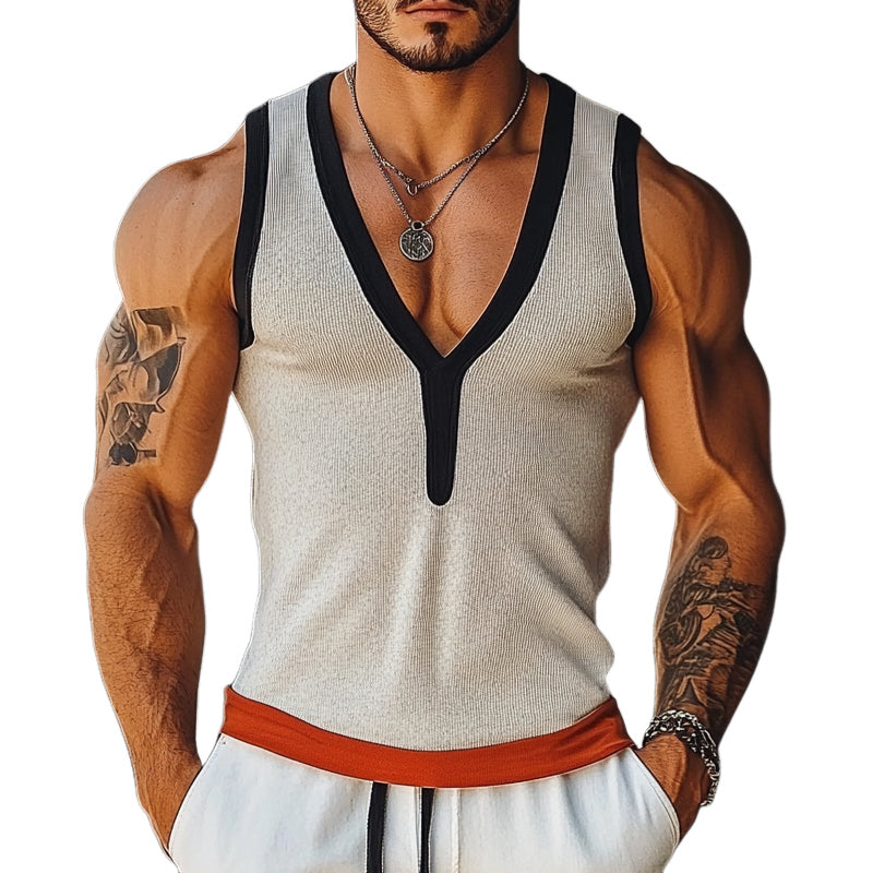 Heren Zomer Casual Contrastkleur Gebreide V-Hals Mouwloze T-shirts MTA2224E3X