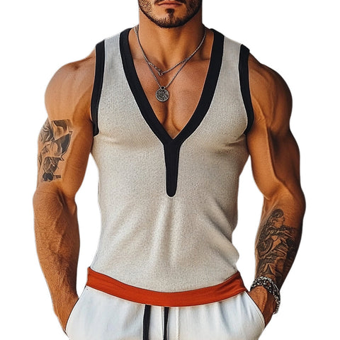 Heren Zomer Casual Contrastkleur Gebreide V-Hals Mouwloze T-shirts MTA2224E3X