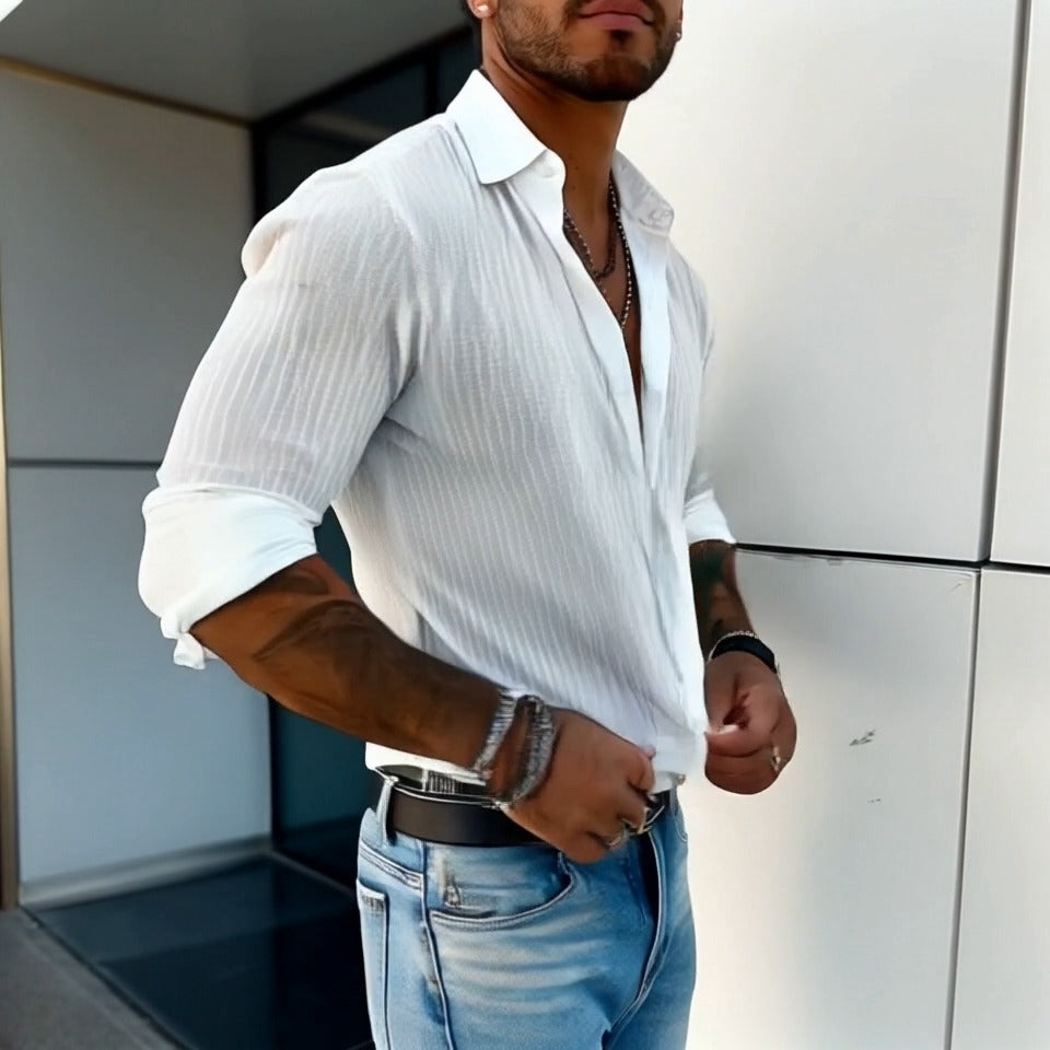 Heren Effen Kleur Gestreepte Revers Shirt met lange mouwen 94598700Z