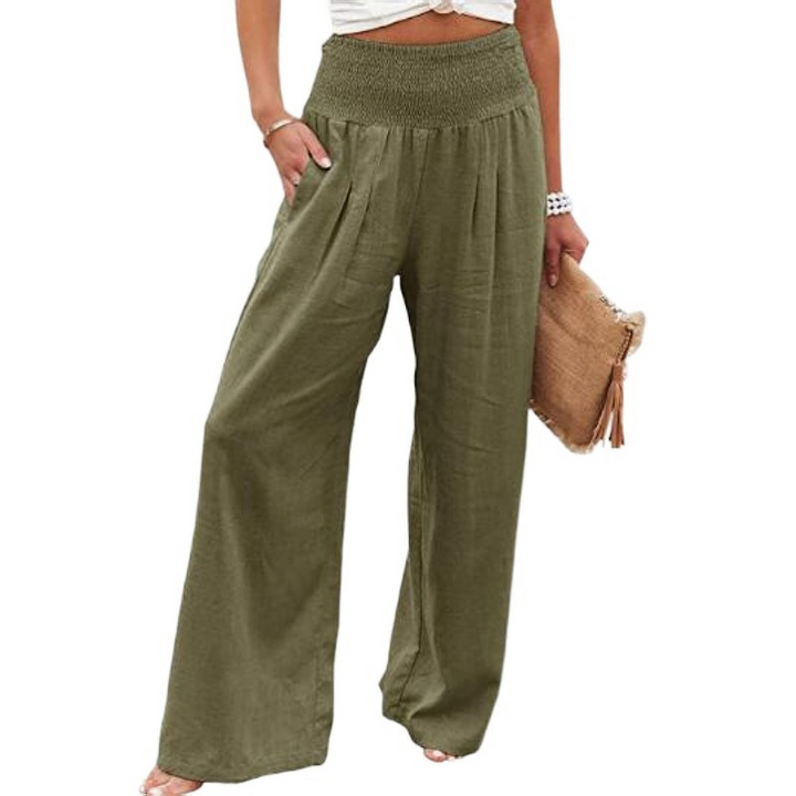Vrouwen Katoenen en Linnen Elastische Taille Brede Pantalon 