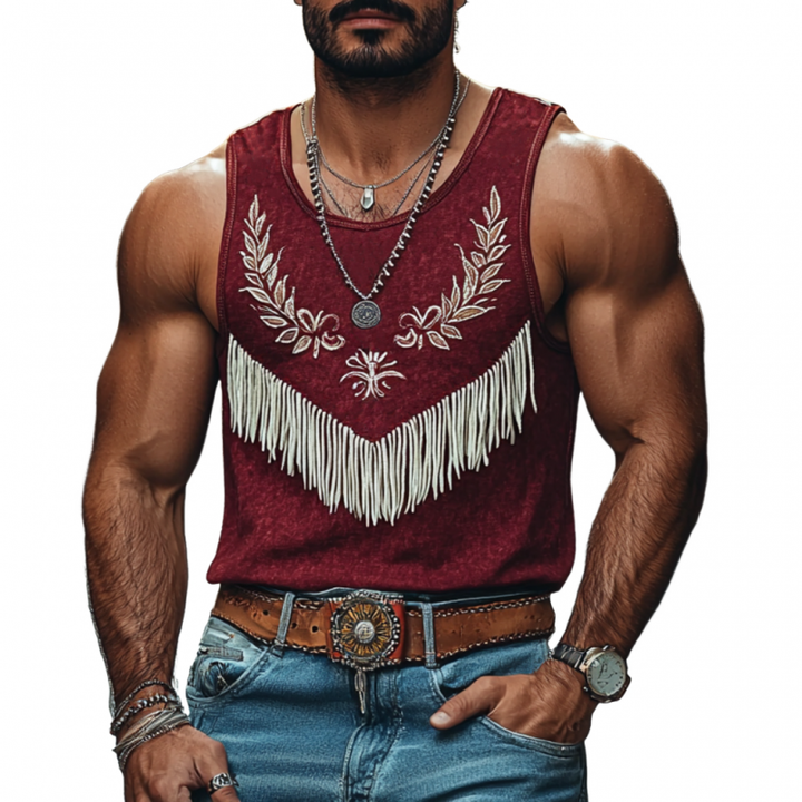 Heren Casual Katoenen Ronde Hals Bloem Borduursel Kwastje Patchwork Slim Fit Tanktop MTA2186E4M