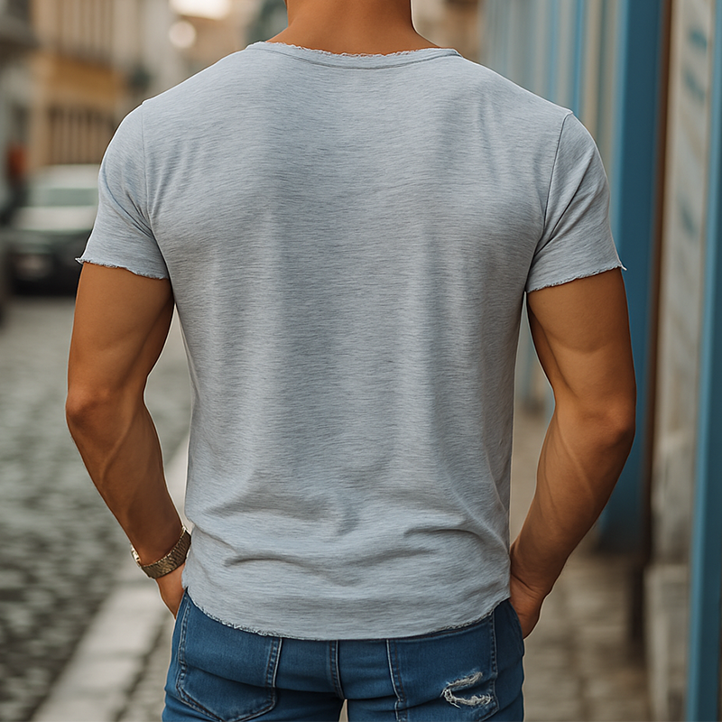 Heren Zomer Casual Gemêleerde Katoenmix V-Hals Ongafwerkte Korte Mouwen T-Shirt MTA0229G9K