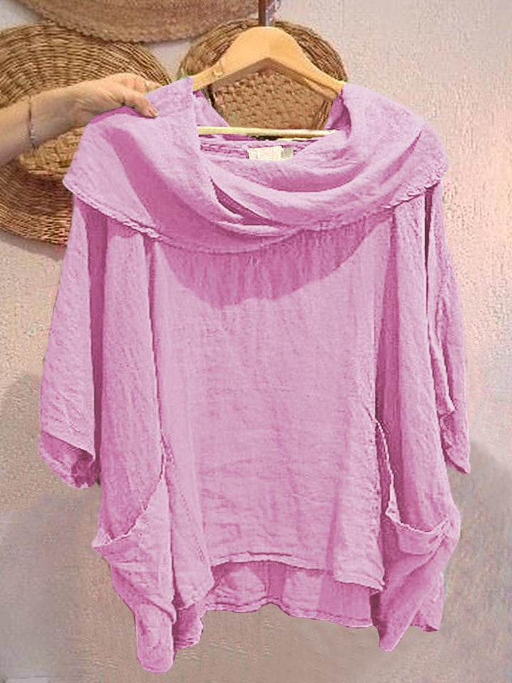 Dames Effen Kleur Gedrapeerde Hals 3/4 Mouw Comfortabele Casual Linnen Zak Top