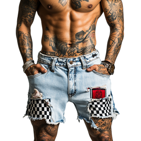 Heren Verscheurde Ruit Denim Shorts MTA1296F1X