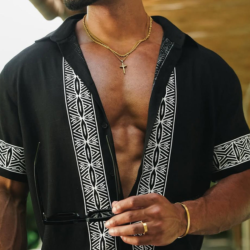 Heren Zomer Casual Katoen En Linnen Gedrukt Kraag Korte Mouwen Shirt MTA0295G2K