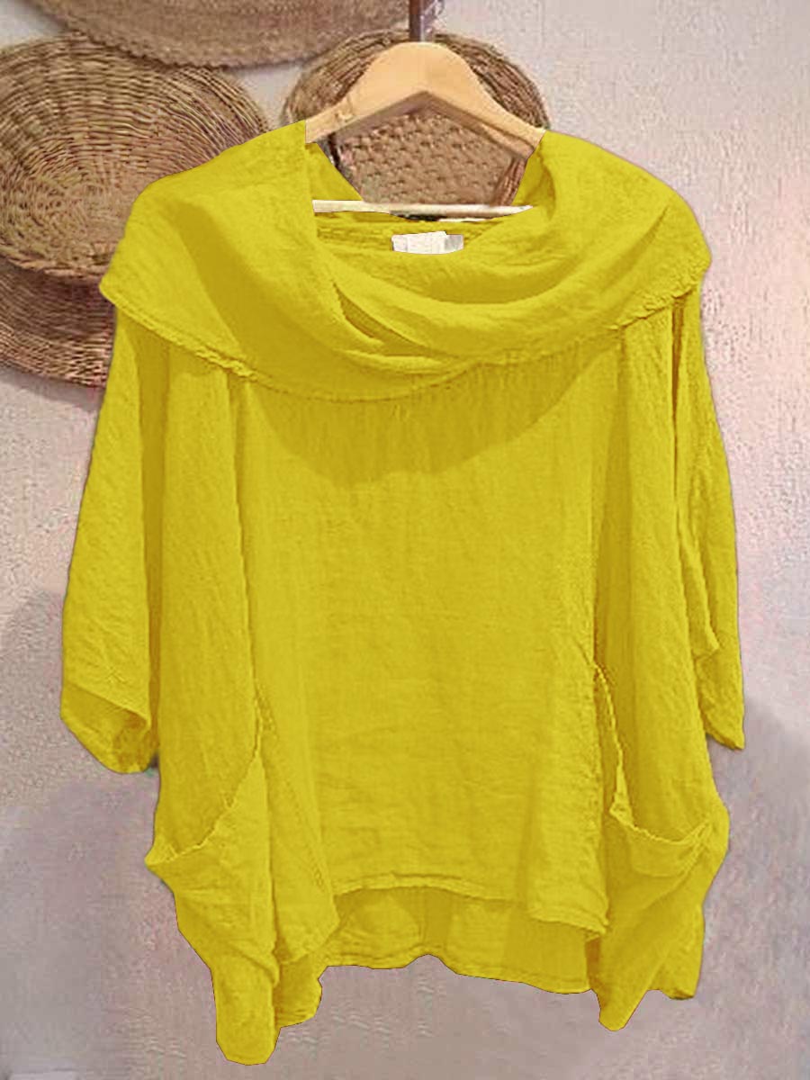Dames Effen Kleur Gedrapeerde Hals 3/4 Mouw Comfortabele Casual Linnen Zak Top