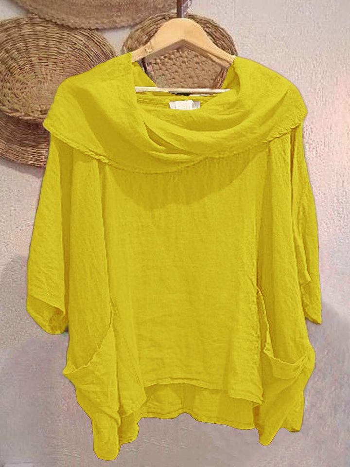 Dames Effen Kleur Gedrapeerde Hals 3/4 Mouw Comfortabele Casual Linnen Zak Top