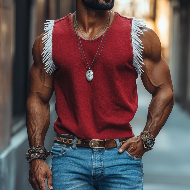Heren Casual Katoenen Ronde Hals Contrastkleur Franje Losse Tanktop MTA2114E8M