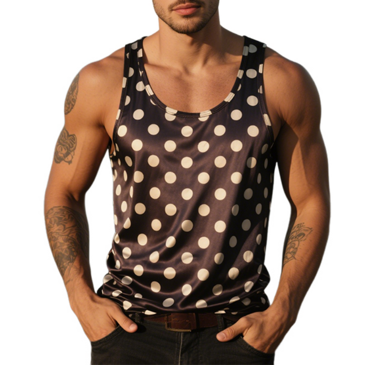 Heren Retro Casual Polka Dot Print Satijn Ronde Hals Tanktop MTA2365E7TO