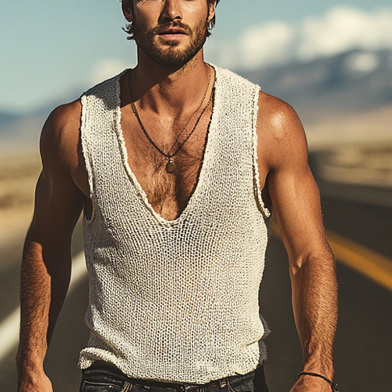 Heren Effen Kleur Ronde Hals Gebreide Losse Tanktops MTA2903E8X