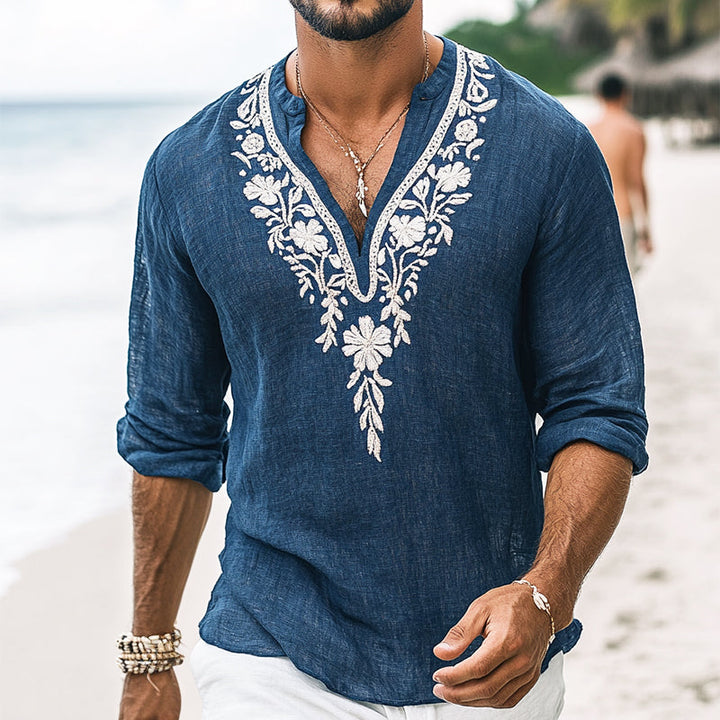 Heren Vintage Casual Geborduurde Katoenen en Linnen Henley Kraag Lange Mouw Shirt 39916816TO