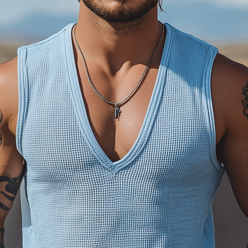 Heren Klassieke Casual Amerikaanse Western Stoere Stijl Wafel Diepe V-hals Tanktop MTA2427E1K