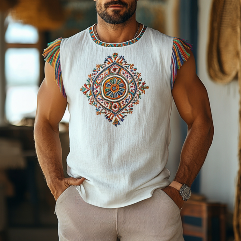 Heren Bohemian Geborduurde Kwast Katoen Linnen Ronde Hals Slim Fit Tanktop MTA2915E4M