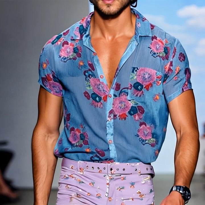【24-uurs verzending】 Heren Retro Casual Mesh Gedrukt Bloemen Revers Korte Mouwen Shirt MTA1435D2TO