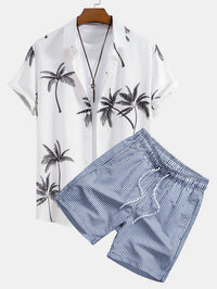 Palmboom Print Doorknoop Shirt & Gestreepte Zwembroek