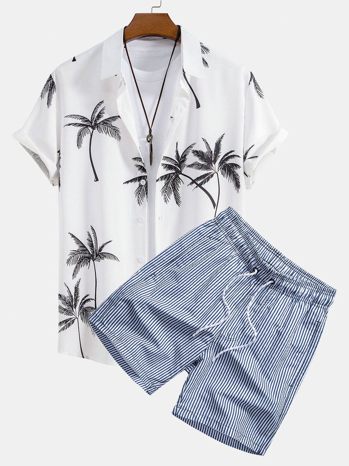 Palmboom Print Doorknoop Shirt & Gestreepte Zwembroek