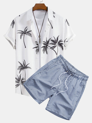 Palmboom Print Doorknoop Shirt & Gestreepte Zwembroek
