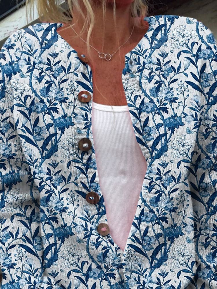 Elegante blauw-witte bloemenprint cardigan met knopen