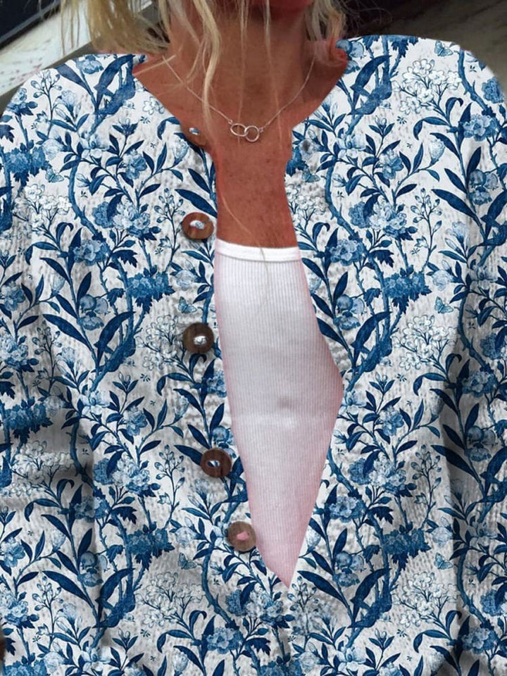 Elegante blauw-witte bloemenprint cardigan met knopen