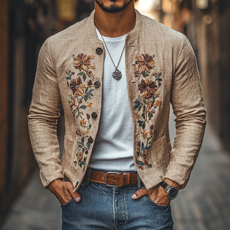 Heren Casual Linnen Geborduurde Staande Kraag Enkelgeknoopte Slim Fit Jas 48687422M